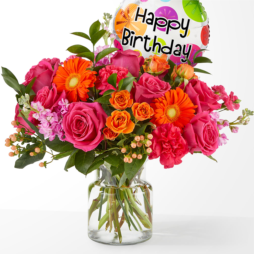 Fiesta Bouquet with Birthday Balloon – All Season Floral Llc, Saranac Lake NY