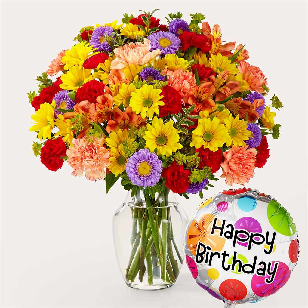 Kaleidoscope Bouquet with Birthday Balloon – All Season Floral Llc, Saranac Lake NY