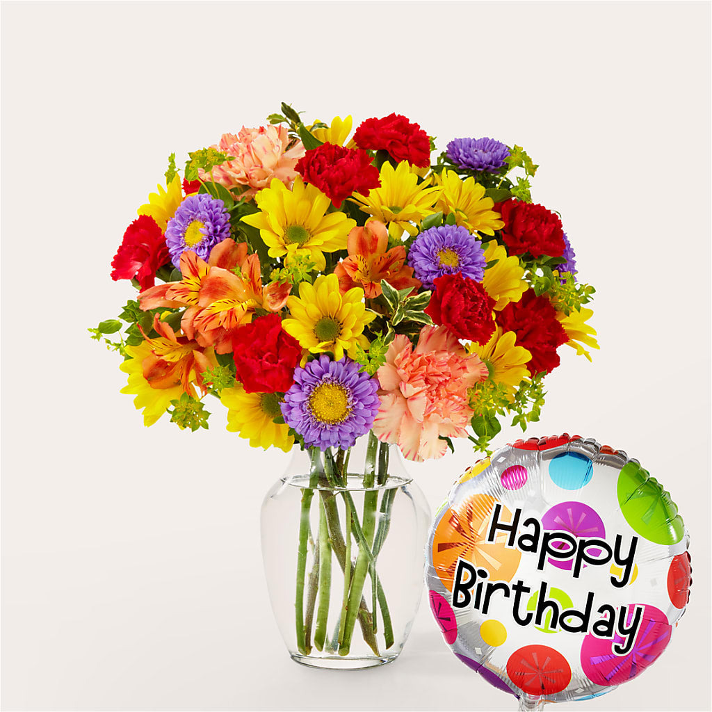 Kaleidoscope Bouquet with Birthday Balloon – All Season Floral Llc, Saranac Lake NY