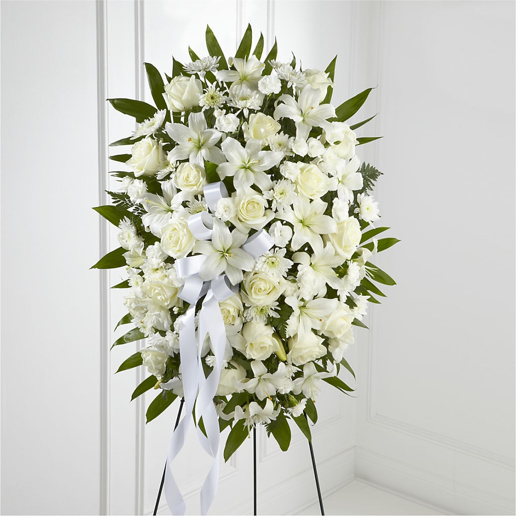 Exquisite Tribute Standing Spray-White Ribbon – All Season Floral Llc, Saranac Lake NY