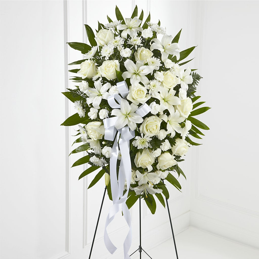 Exquisite Tribute Standing Spray-White Ribbon – All Season Floral Llc, Saranac Lake NY